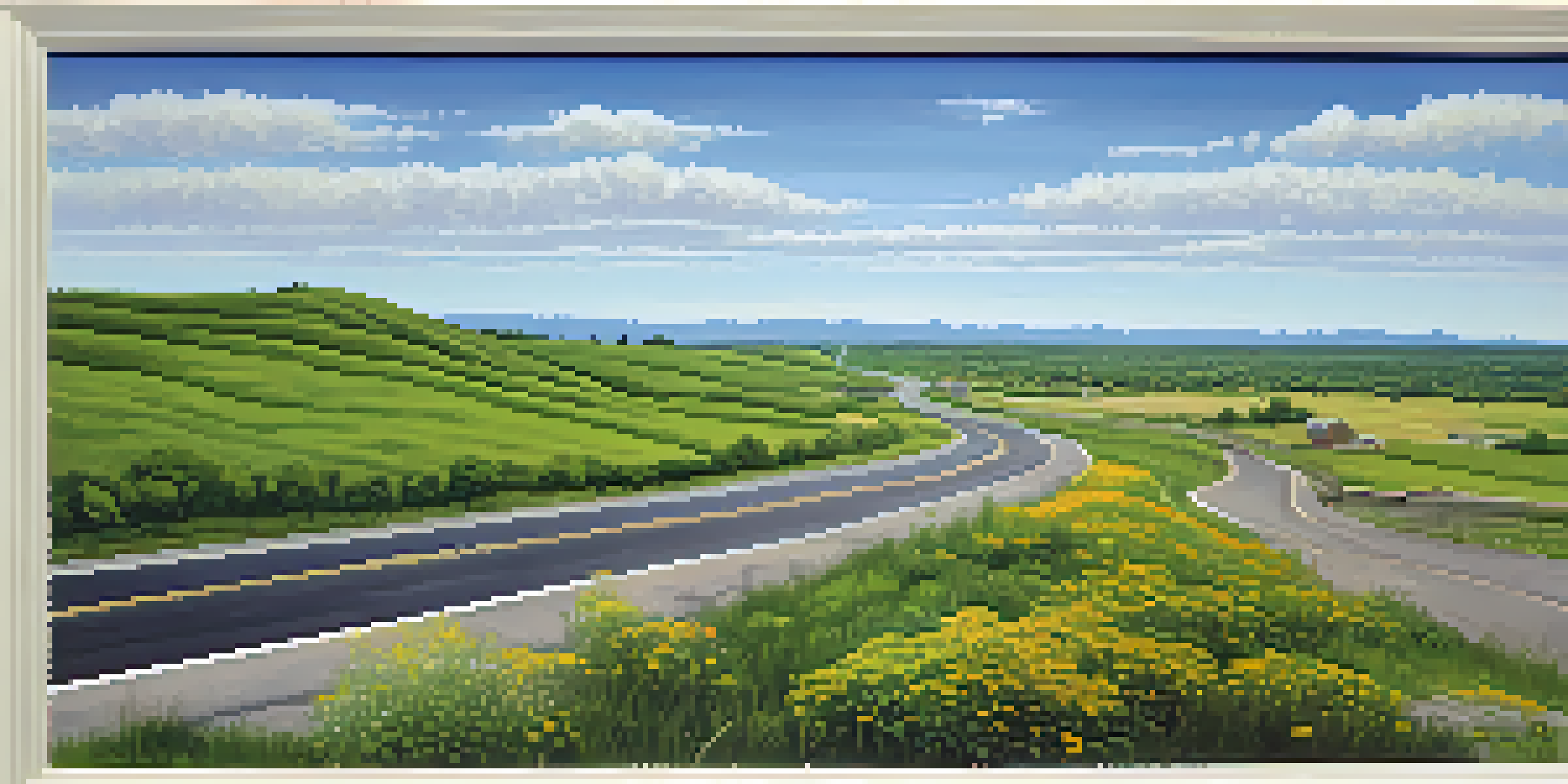 A winding road of Route 66 surrounded by rolling hills and green forests under a clear blue sky, with wildflowers lining the road.