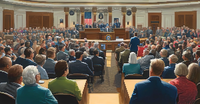 A lively public hearing with citizens speaking at a podium and lawmakers attentively listening, showcasing community engagement.