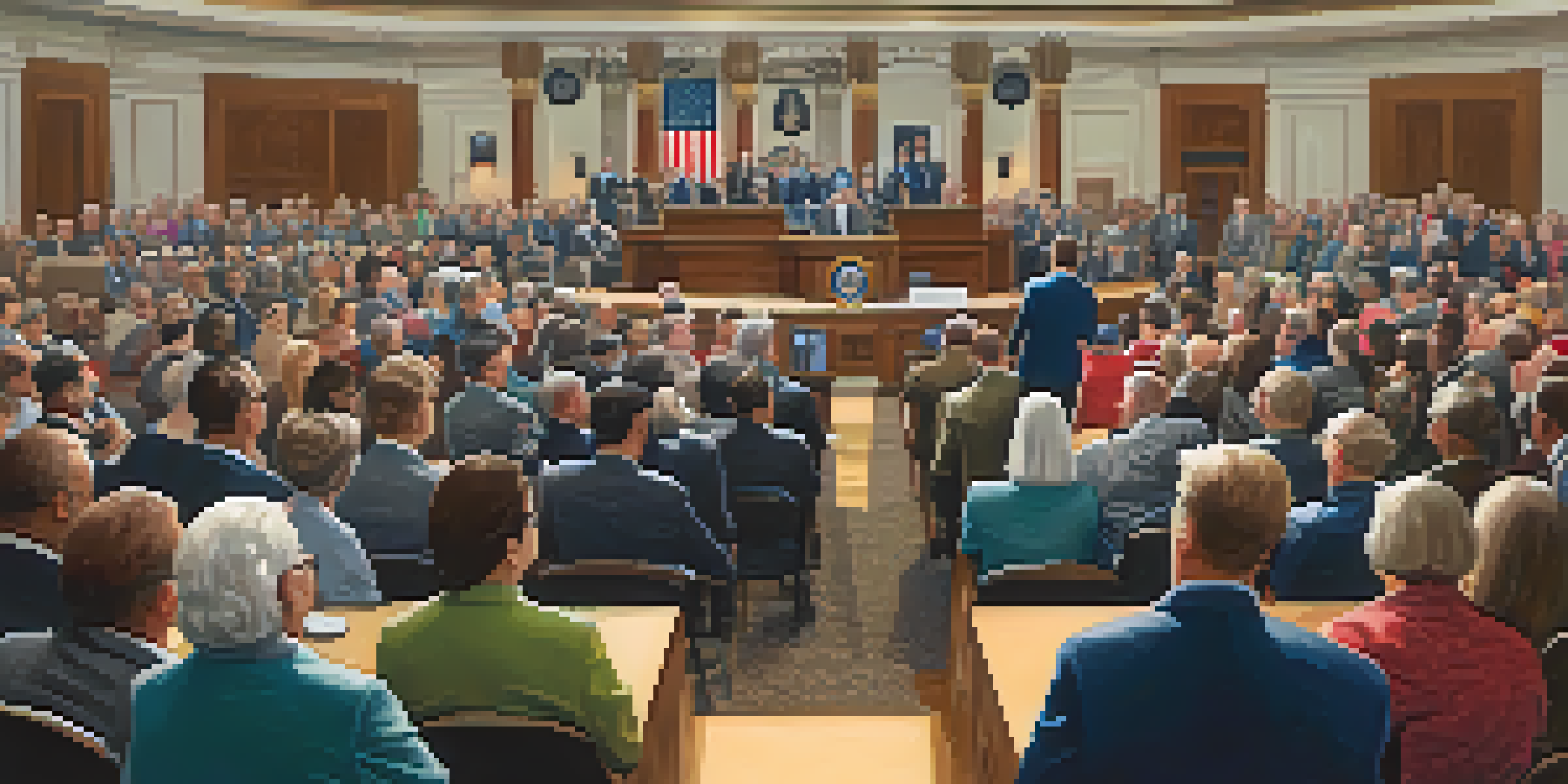A lively public hearing with citizens speaking at a podium and lawmakers attentively listening, showcasing community engagement.
