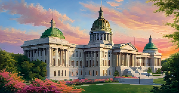 A scenic view of the Missouri State Capitol building at sunset, surrounded by gardens and a colorful sky.