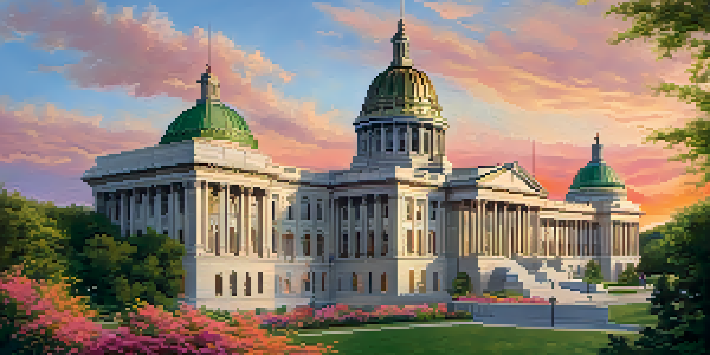 A scenic view of the Missouri State Capitol building at sunset, surrounded by gardens and a colorful sky.