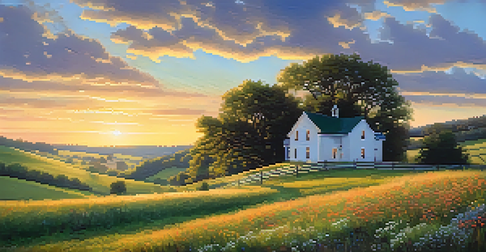 A picturesque rural scene in Missouri featuring a farmhouse, rolling hills, and a sunset sky.