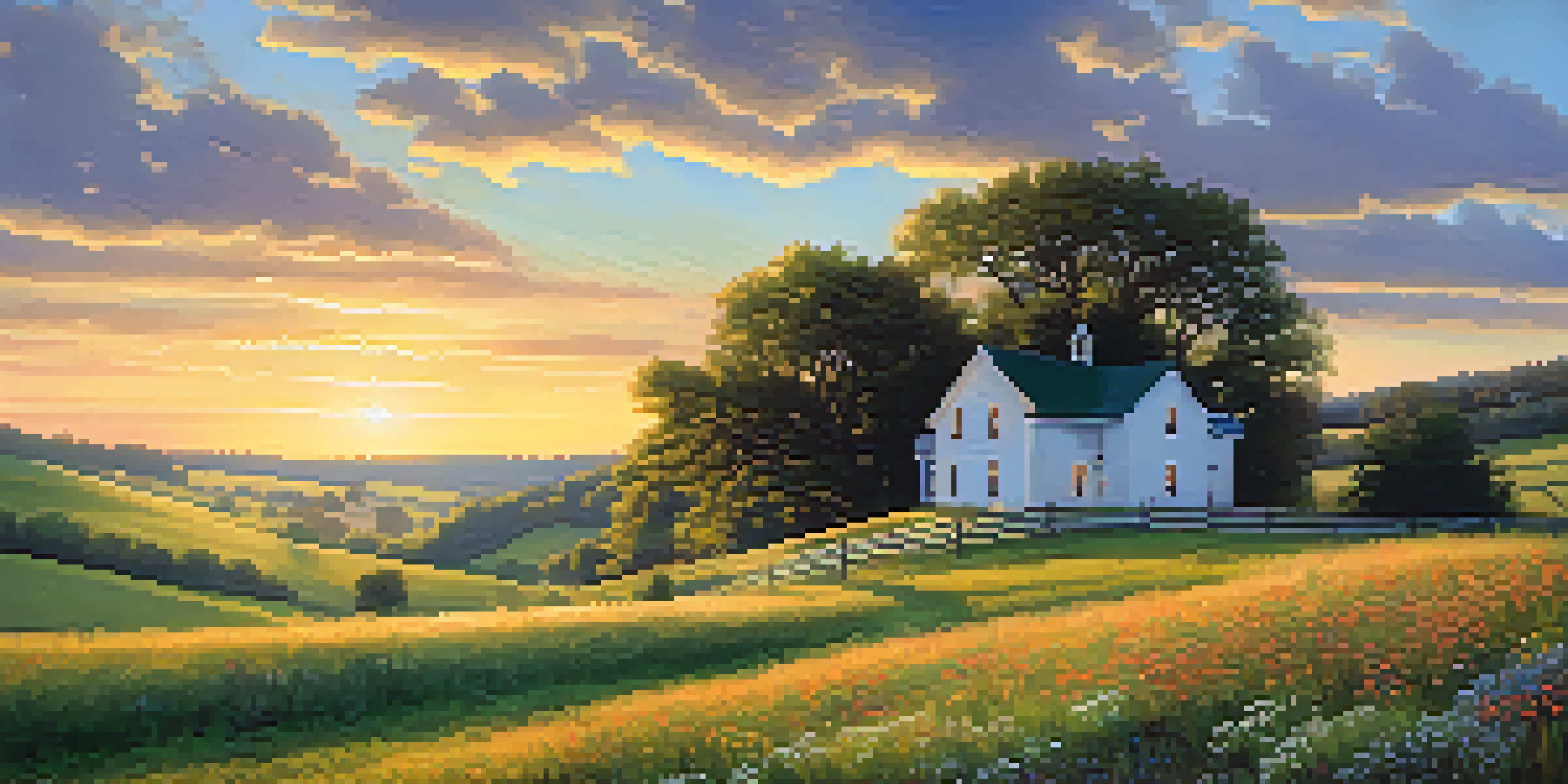 A picturesque rural scene in Missouri featuring a farmhouse, rolling hills, and a sunset sky.