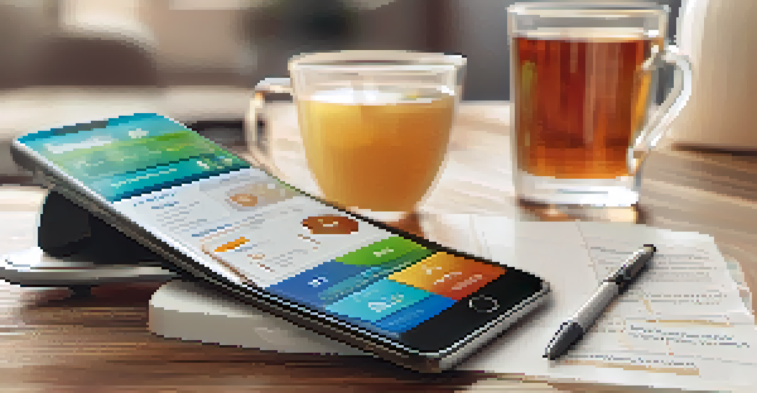 A smartphone showing a public health app in a cozy home setting with a cup of tea and a healthy snack.