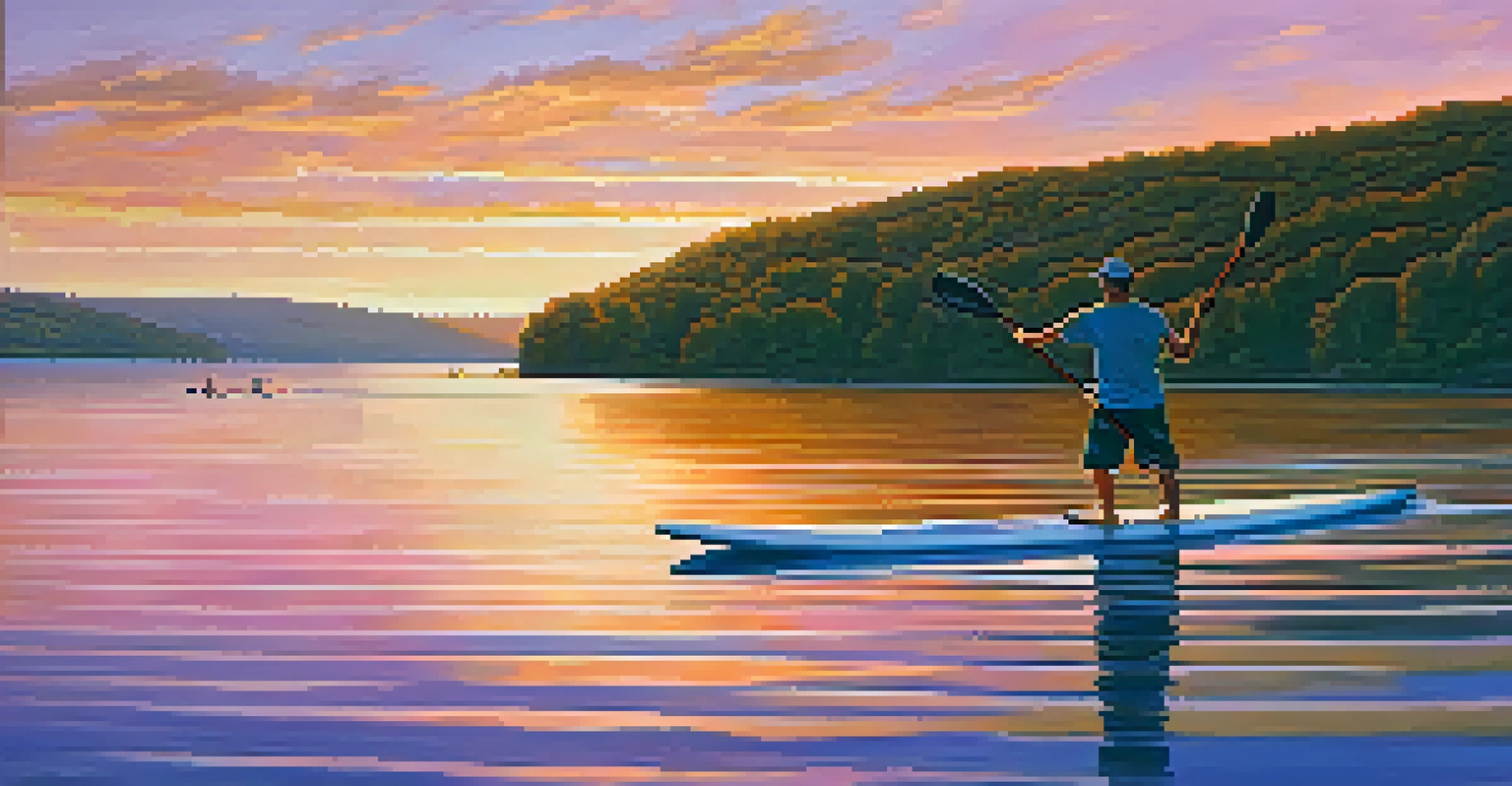 A paddleboarder glides on Table Rock Lake at sunset, surrounded by vibrant sky colors reflected in the water.