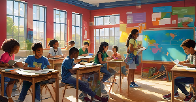 A colorful classroom filled with diverse students collaborating on a project with technology.