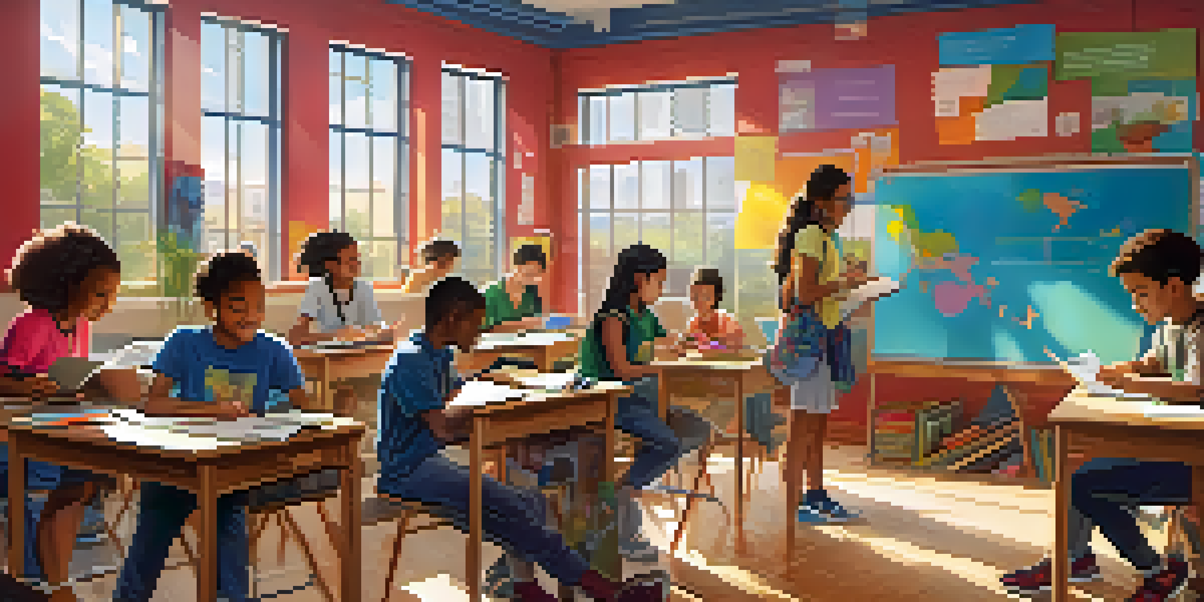 A colorful classroom filled with diverse students collaborating on a project with technology.