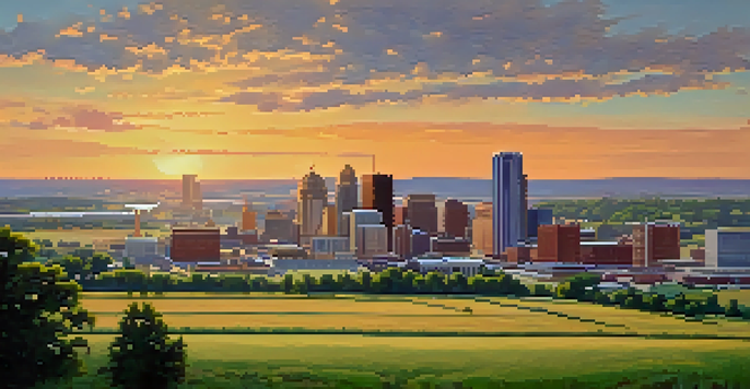 A sweeping landscape view of Missouri, contrasting the urban skyline of St. Louis with rural farmland, bathed in the warm colors of sunset.