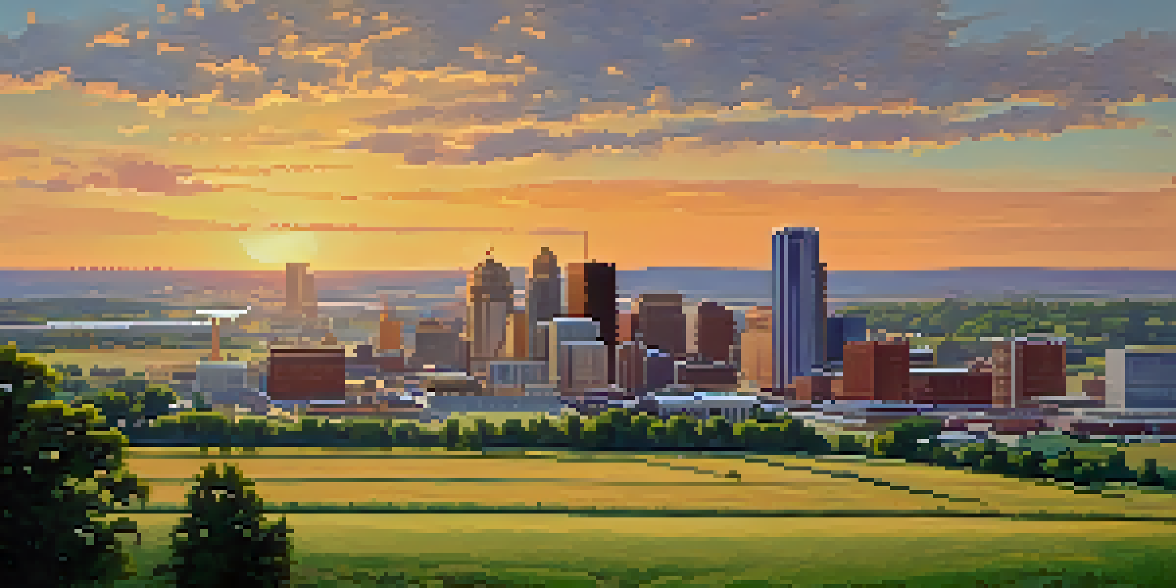 A sweeping landscape view of Missouri, contrasting the urban skyline of St. Louis with rural farmland, bathed in the warm colors of sunset.