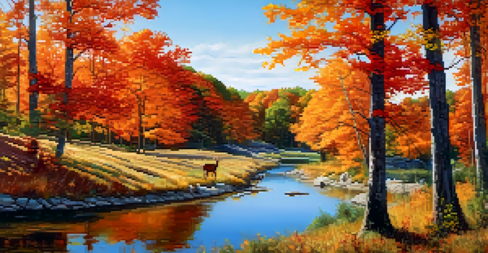 A panoramic view of a lush Missouri state park in autumn with vibrant foliage, a winding trail, a tranquil lake, and deer grazing.