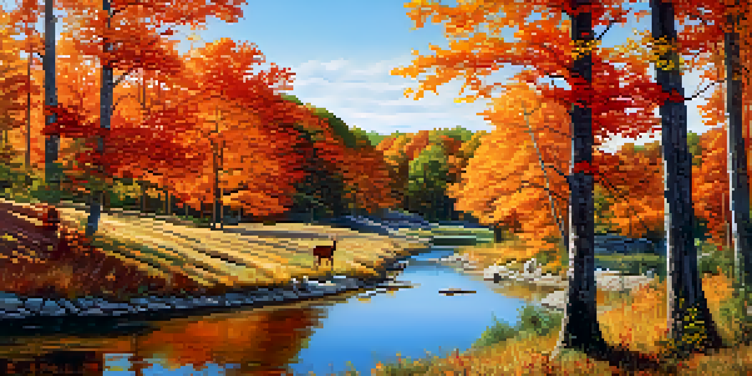 A panoramic view of a lush Missouri state park in autumn with vibrant foliage, a winding trail, a tranquil lake, and deer grazing.