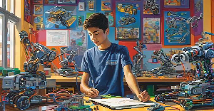 A high school student working on a robotics project in a colorful club room filled with tools and mechanical parts.