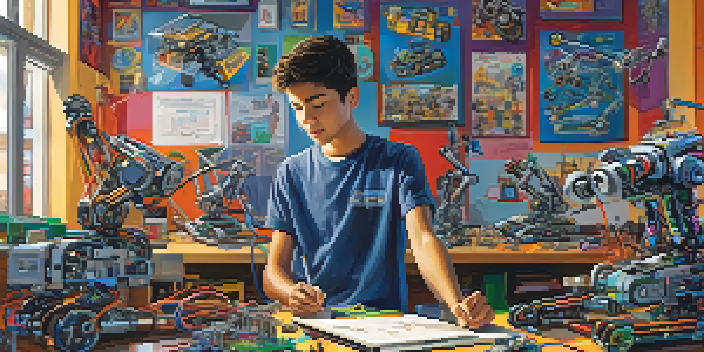 A high school student working on a robotics project in a colorful club room filled with tools and mechanical parts.