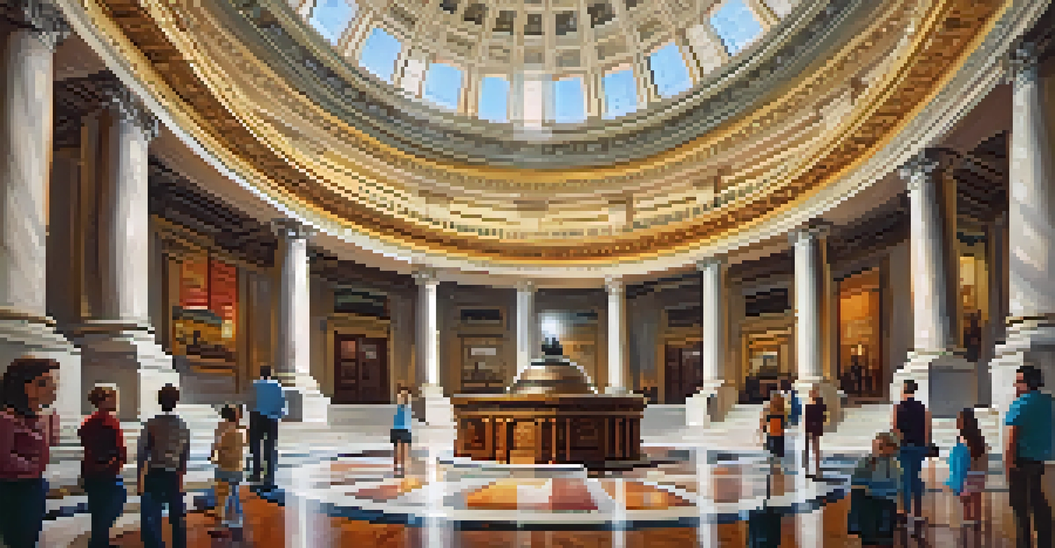 Inside the Missouri State Capitol's rotunda showcasing intricate murals and visitors on guided tours.