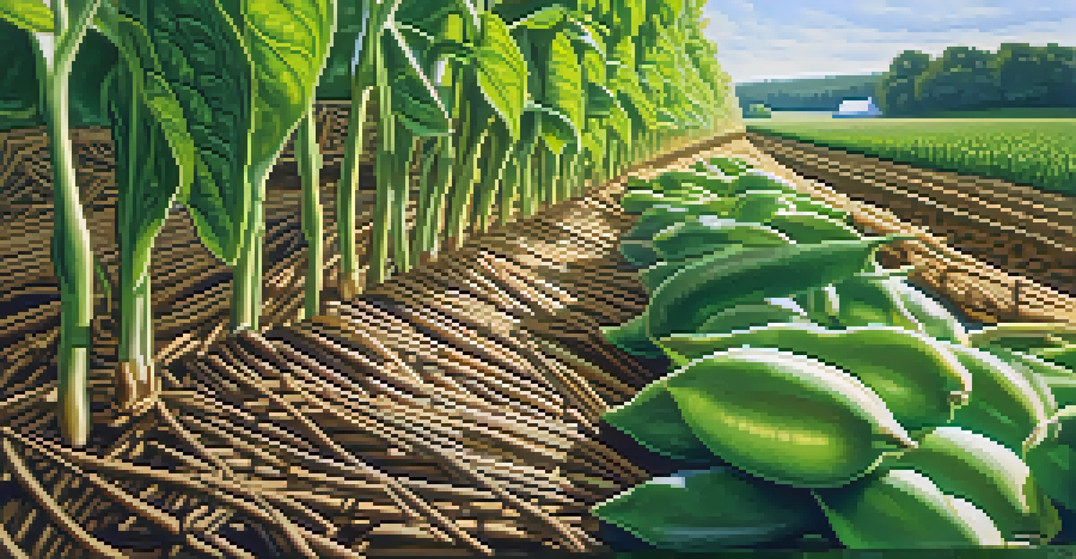 Close-up of fresh soybeans on the vine, with sunlight filtering through green leaves.