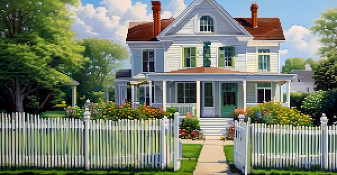 A quaint two-story house with a white picket fence, surrounded by green grass and flowers, under a blue sky with clouds.