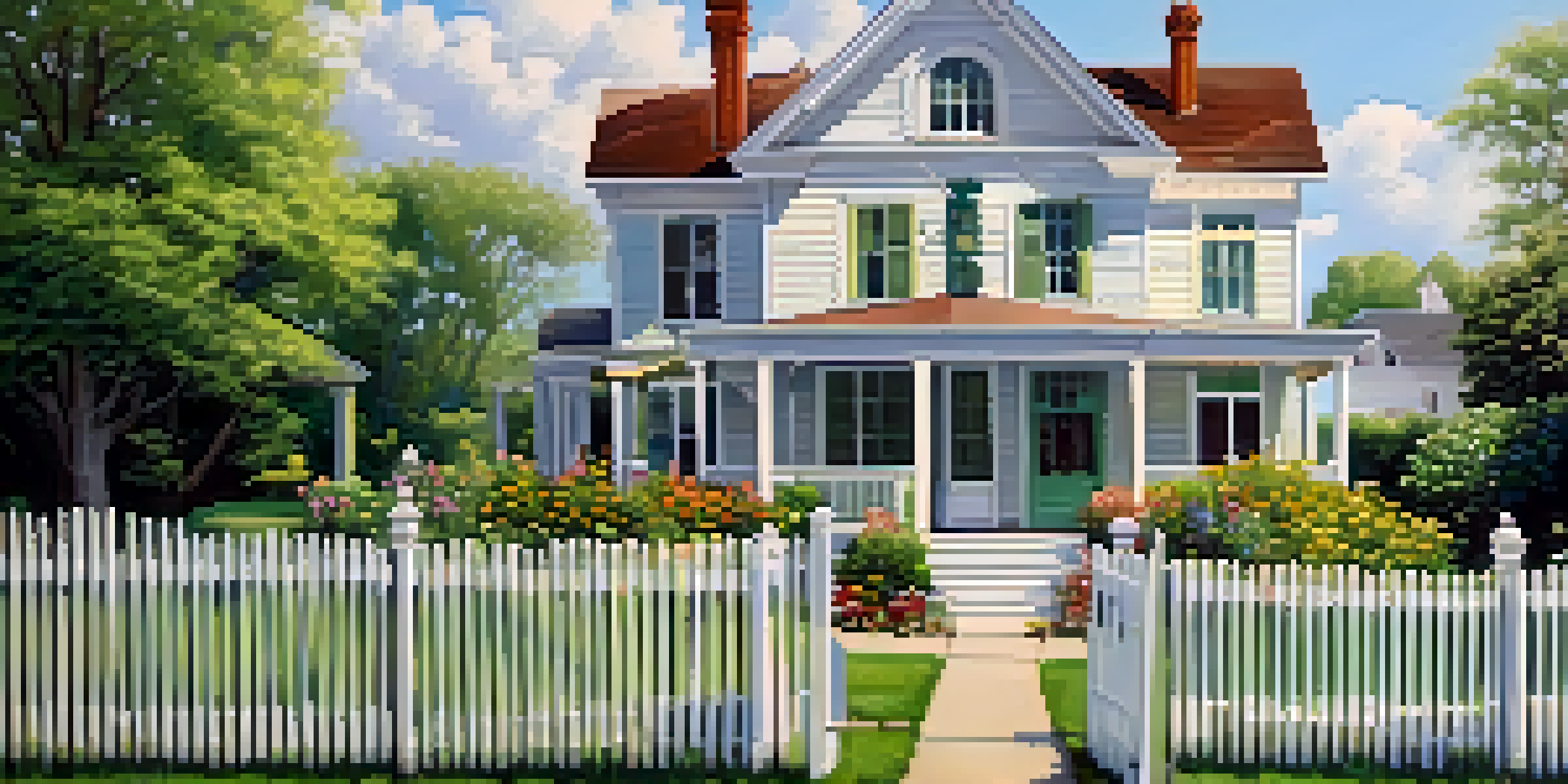 A quaint two-story house with a white picket fence, surrounded by green grass and flowers, under a blue sky with clouds.