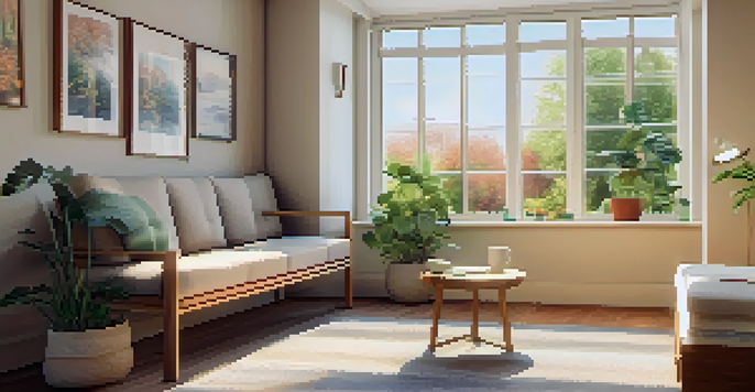 A cozy therapy room with soft natural light, comfortable seating, and a bookshelf filled with mental health books.
