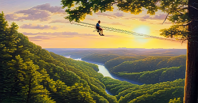A person ziplining through a lush green forest in Missouri at sunset, showcasing the thrill of adventure in a natural landscape.