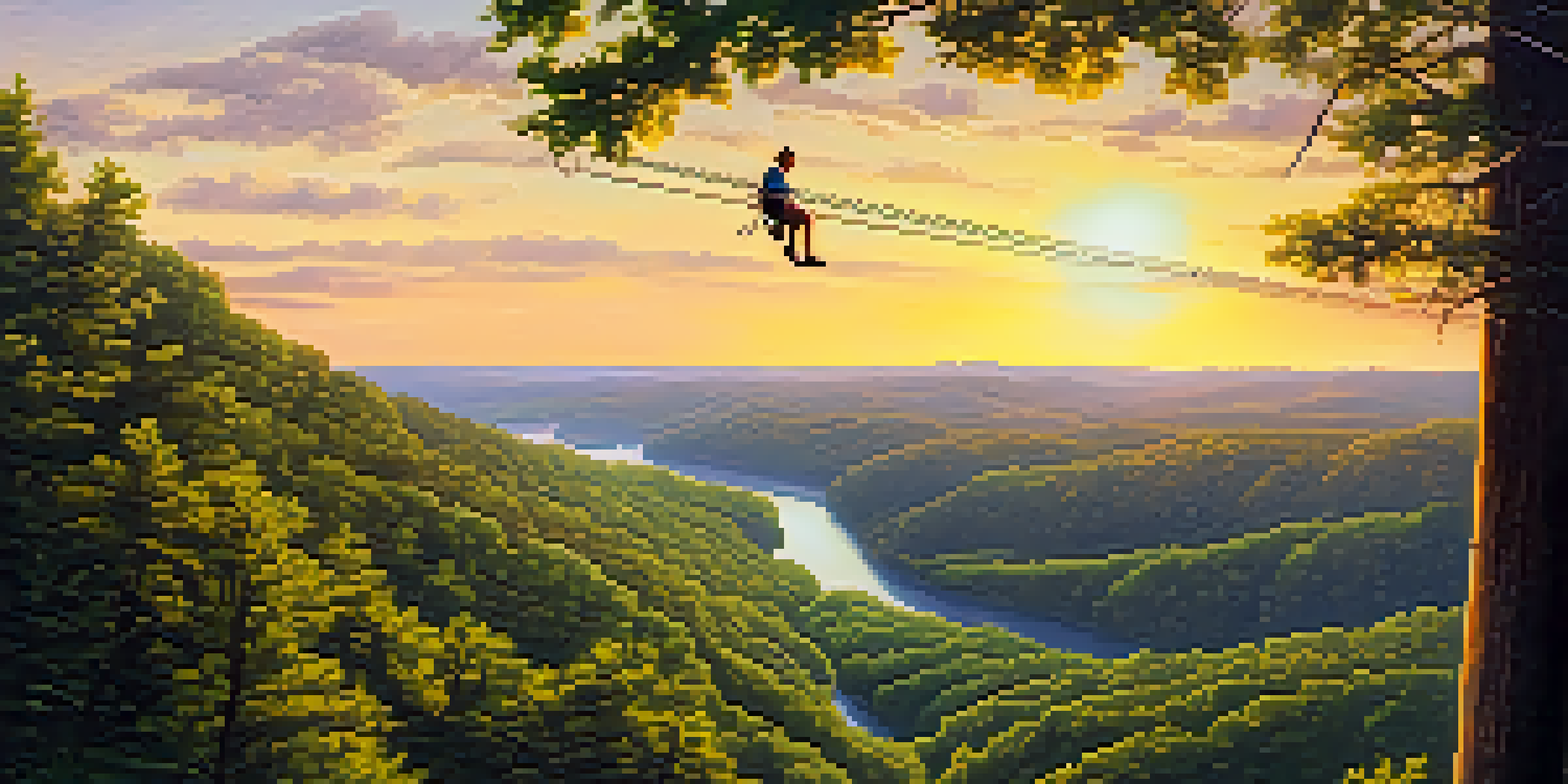A person ziplining through a lush green forest in Missouri at sunset, showcasing the thrill of adventure in a natural landscape.