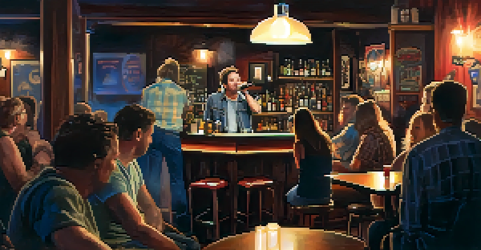 An intimate open mic night at a bar with a singer on stage under spotlight, and an engaged audience enjoying the performance.