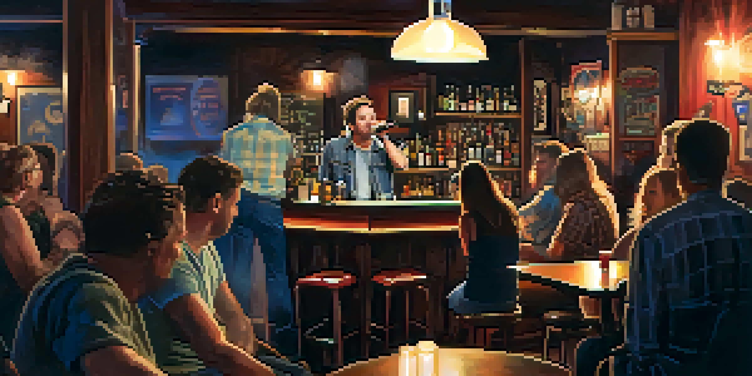 An intimate open mic night at a bar with a singer on stage under spotlight, and an engaged audience enjoying the performance.