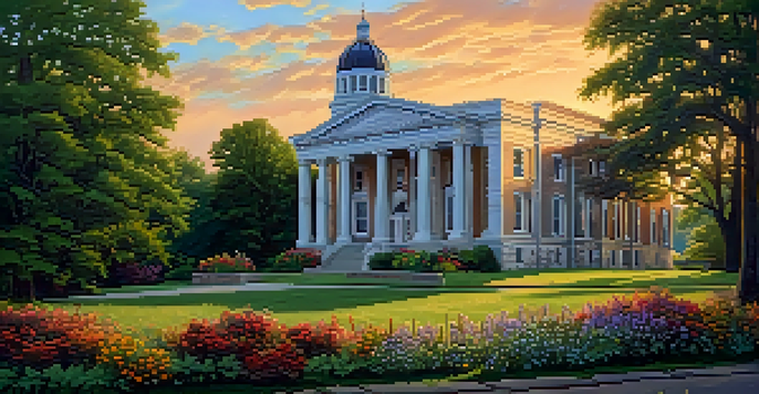 A historic courthouse in rural Missouri with a beautiful sunset and blooming flowers in the foreground.
