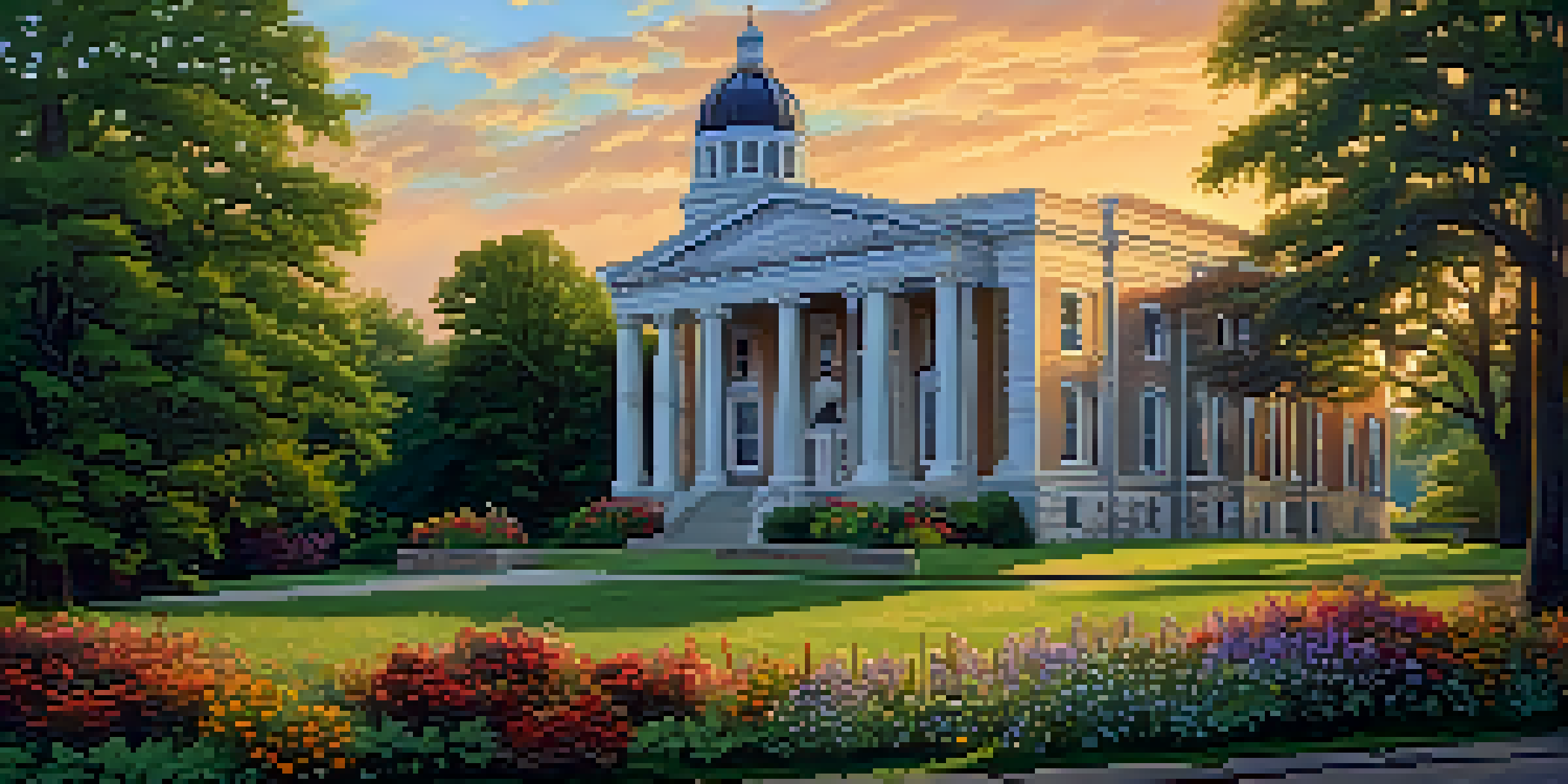 A historic courthouse in rural Missouri with a beautiful sunset and blooming flowers in the foreground.