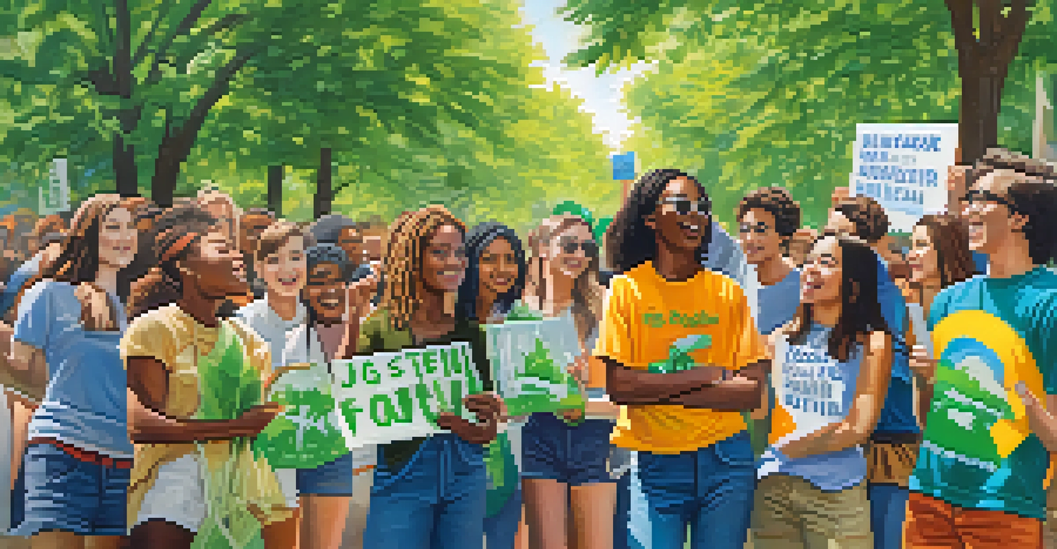 Young activists in a park holding signs for social justice and environmental protection.
