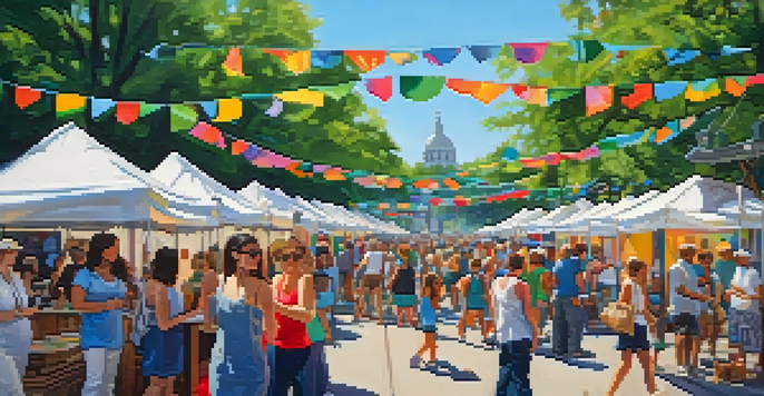 A lively outdoor art festival in St. Louis featuring colorful booths, local artists, and musicians, set against a clear blue sky and green trees.