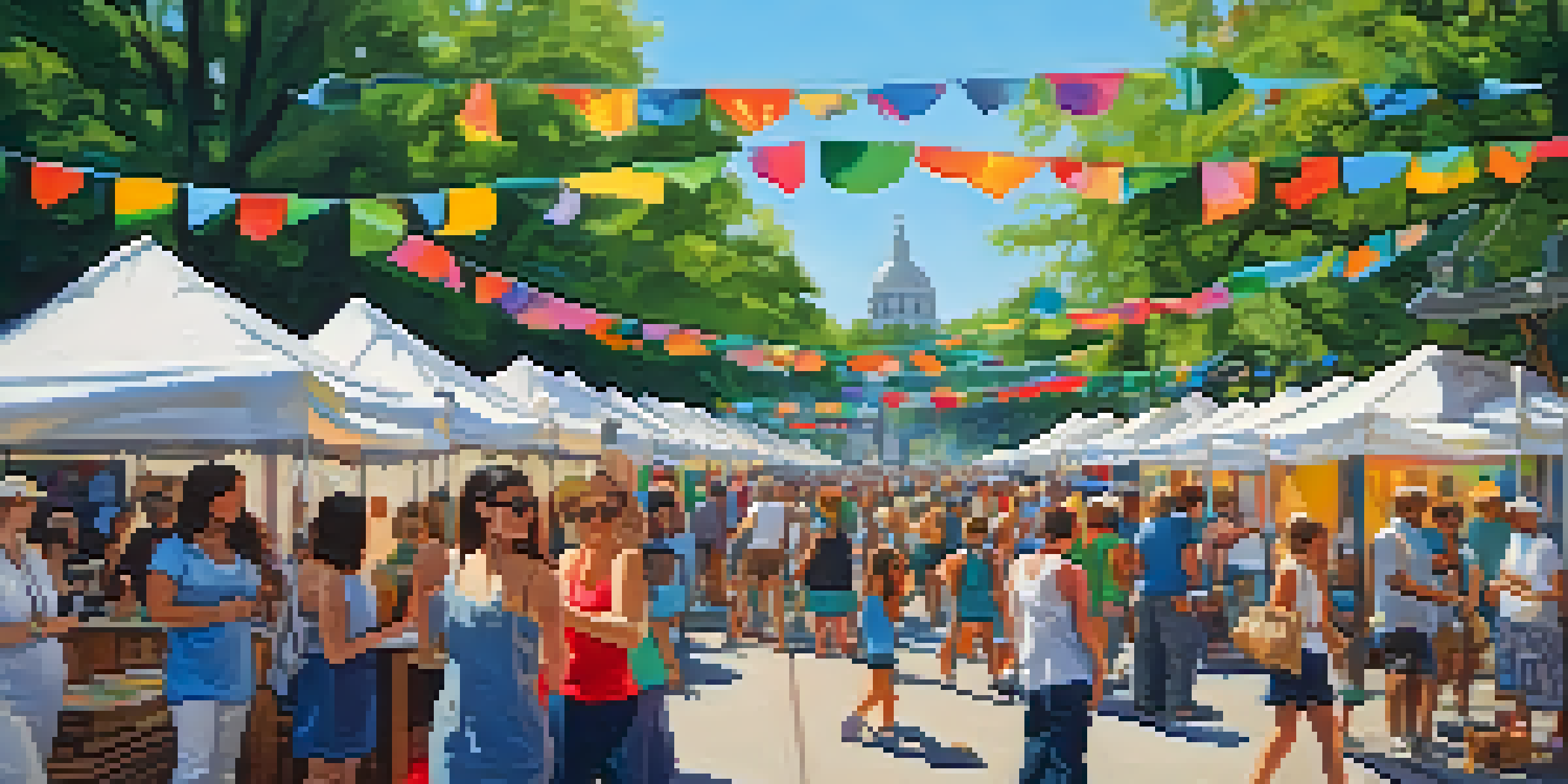 A lively outdoor art festival in St. Louis featuring colorful booths, local artists, and musicians, set against a clear blue sky and green trees.