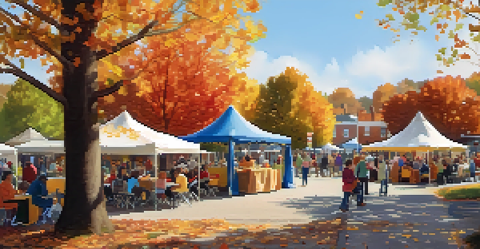 A lively small-town square in Missouri with colorful tents and booths during a community event, showcasing diverse residents and musicians.