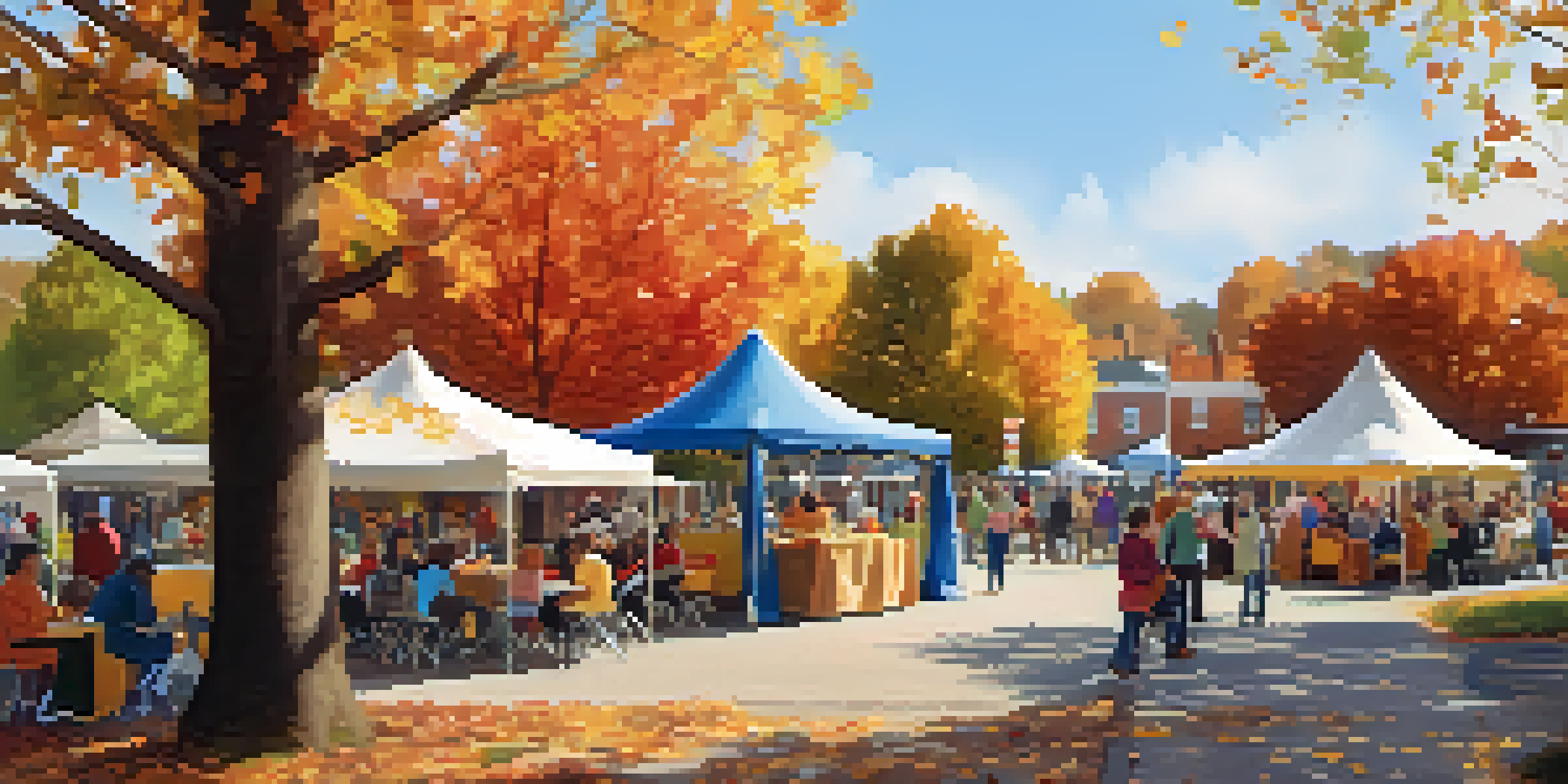 A lively small-town square in Missouri with colorful tents and booths during a community event, showcasing diverse residents and musicians.