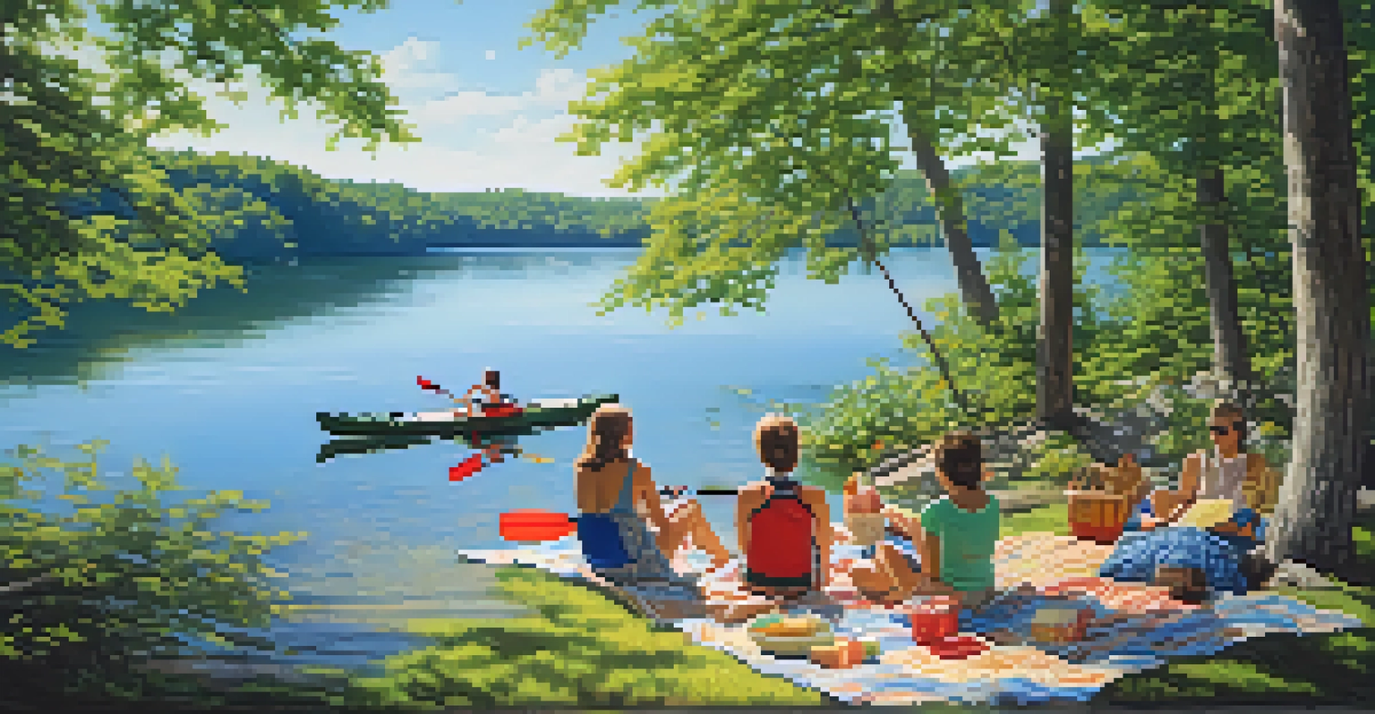 Families enjoying a sunny summer day by the lake, kayaking and picnicking under a clear blue sky.