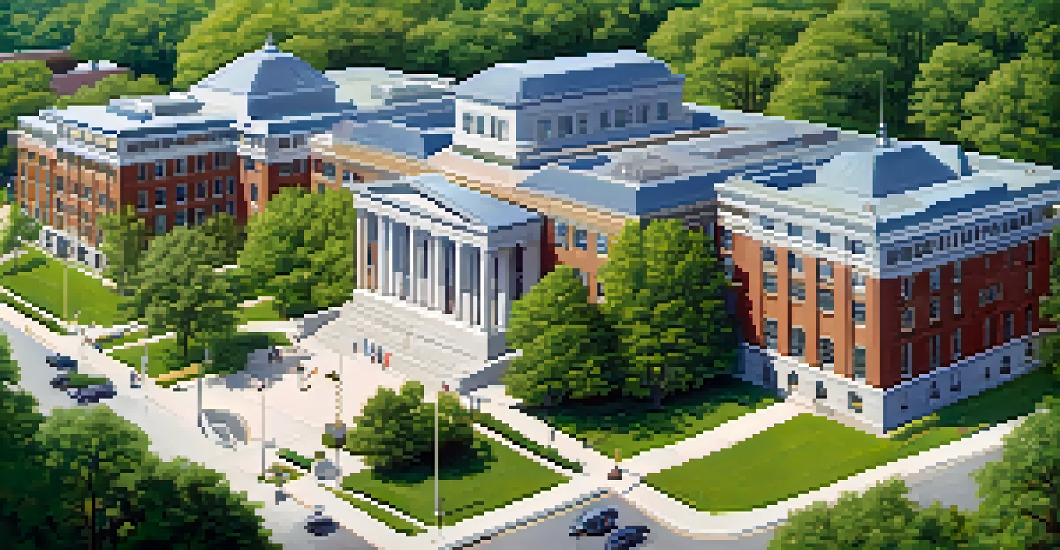 An aerial view of a county government building in Missouri surrounded by green parks and residents enjoying outdoor activities.