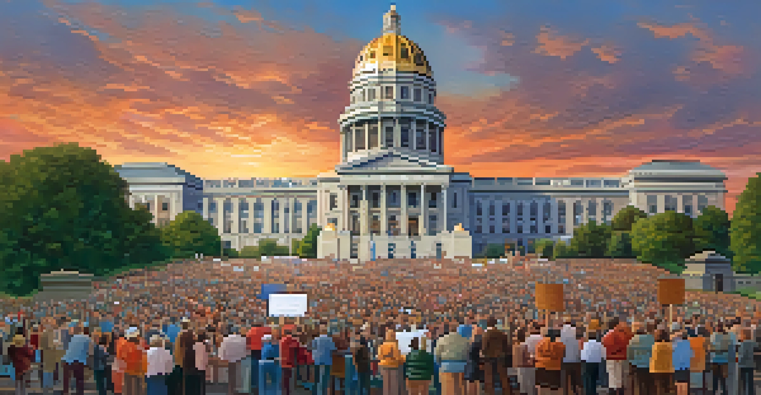 A civic gathering outside the Missouri State Capitol with people discussing and advocating for various issues.