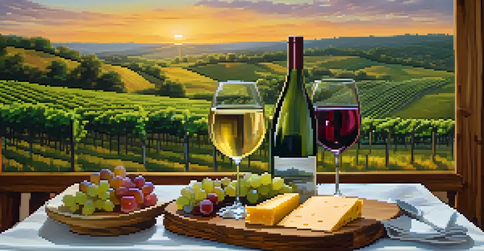 A scenic view of rolling hills and vineyards in Missouri's Wine Country at sunset, with a rustic table set for wine tasting.