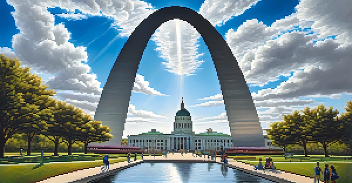 A tall Gateway Arch in St. Louis against a blue sky, with visitors admiring it in the foreground.