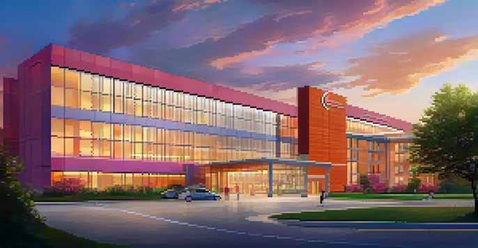 A modern children's hospital surrounded by greenery at sunset, with children playing nearby.