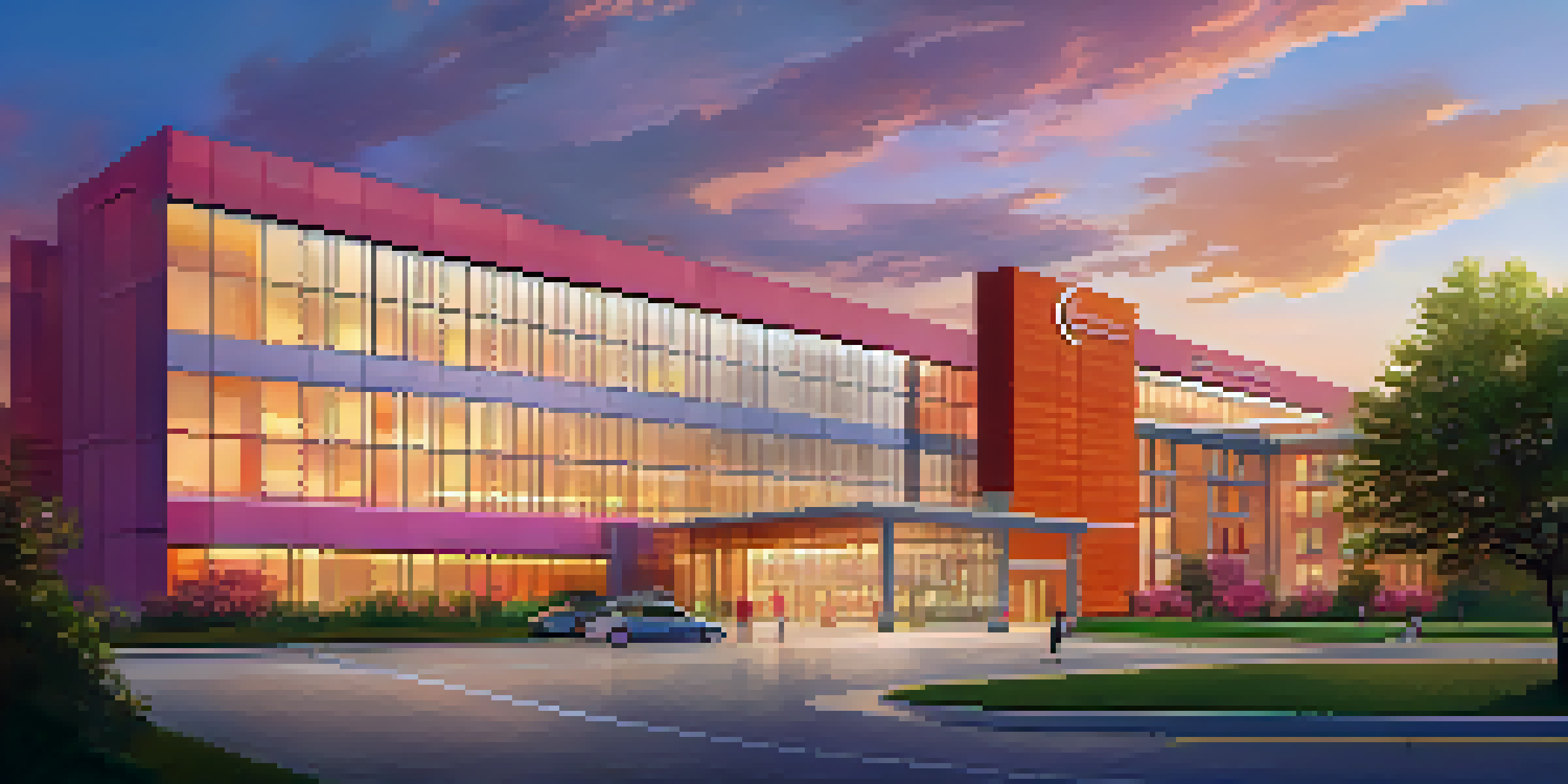 A modern children's hospital surrounded by greenery at sunset, with children playing nearby.