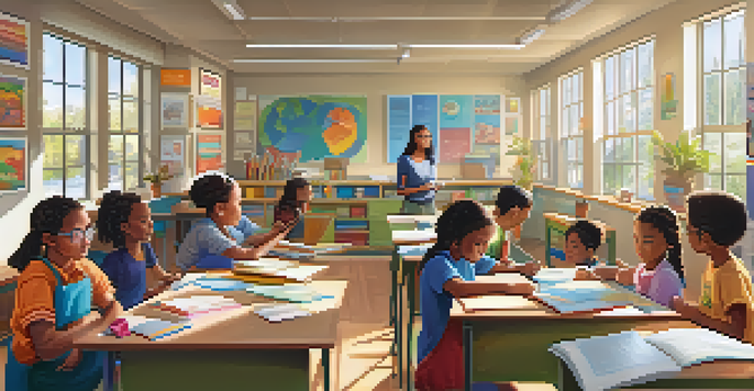 A bright and inviting classroom with diverse students working together on a project, guided by a teacher.