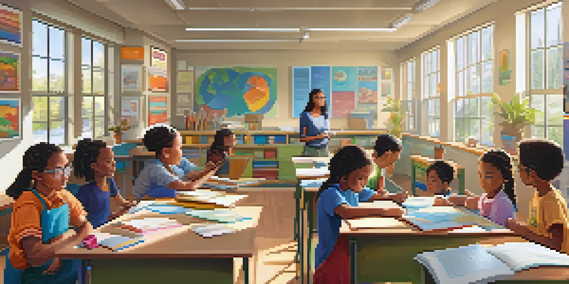 A bright and inviting classroom with diverse students working together on a project, guided by a teacher.