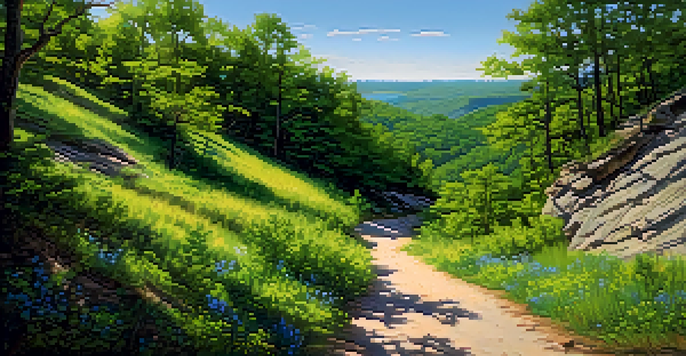 A winding hiking path in the Ozark Trail surrounded by green trees and colorful wildflowers under a clear blue sky.