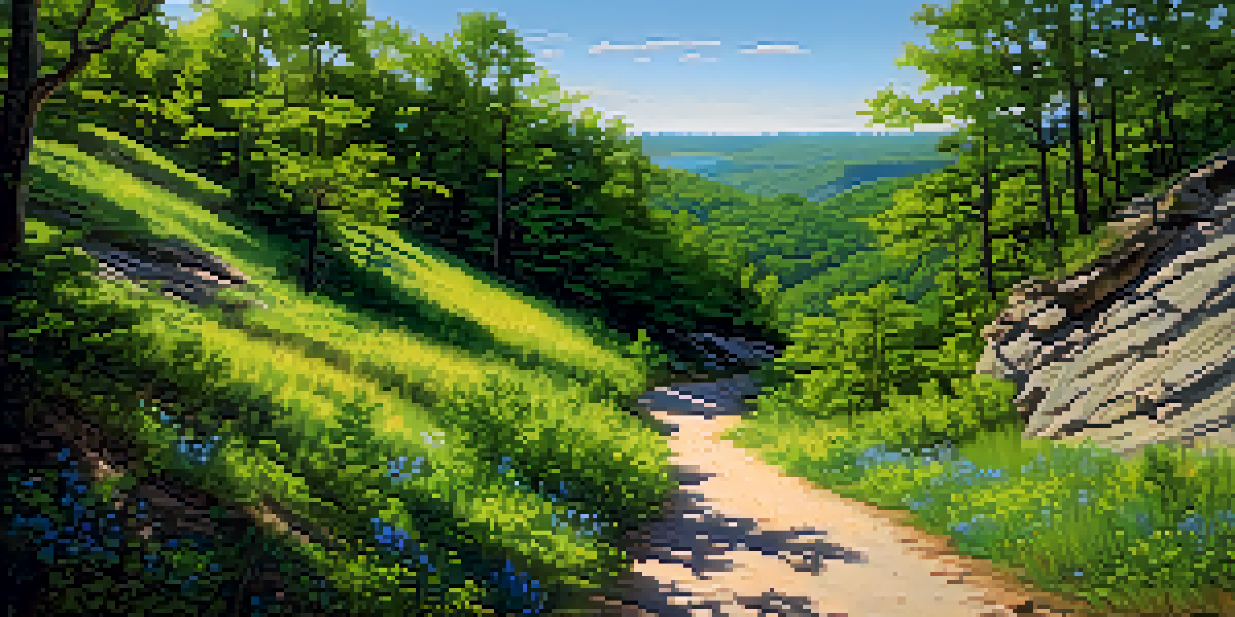 A winding hiking path in the Ozark Trail surrounded by green trees and colorful wildflowers under a clear blue sky.