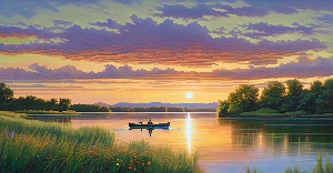 A scenic view of the Missouri River during sunset with colorful skies, lush green banks, and a canoe.