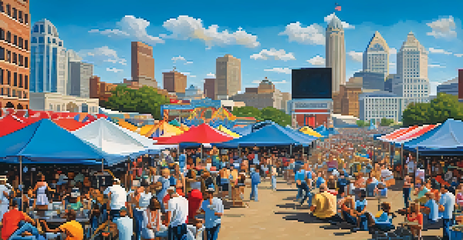 An outdoor blues festival in St. Louis with colorful tents, a lively crowd enjoying music, and the skyline in the background.