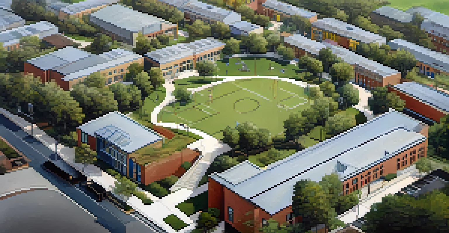 An aerial view comparing a well-resourced suburban school with an aging urban school, highlighting the disparity in educational environments.