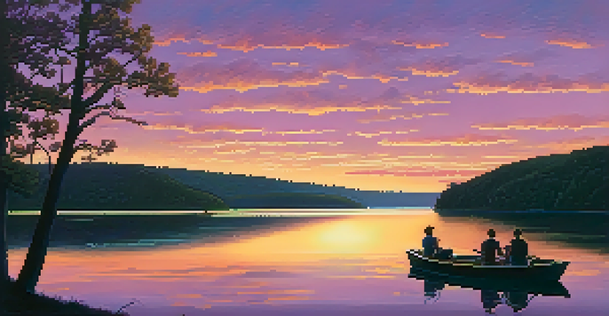 A sunset over Table Rock Lake with a family in a boat.