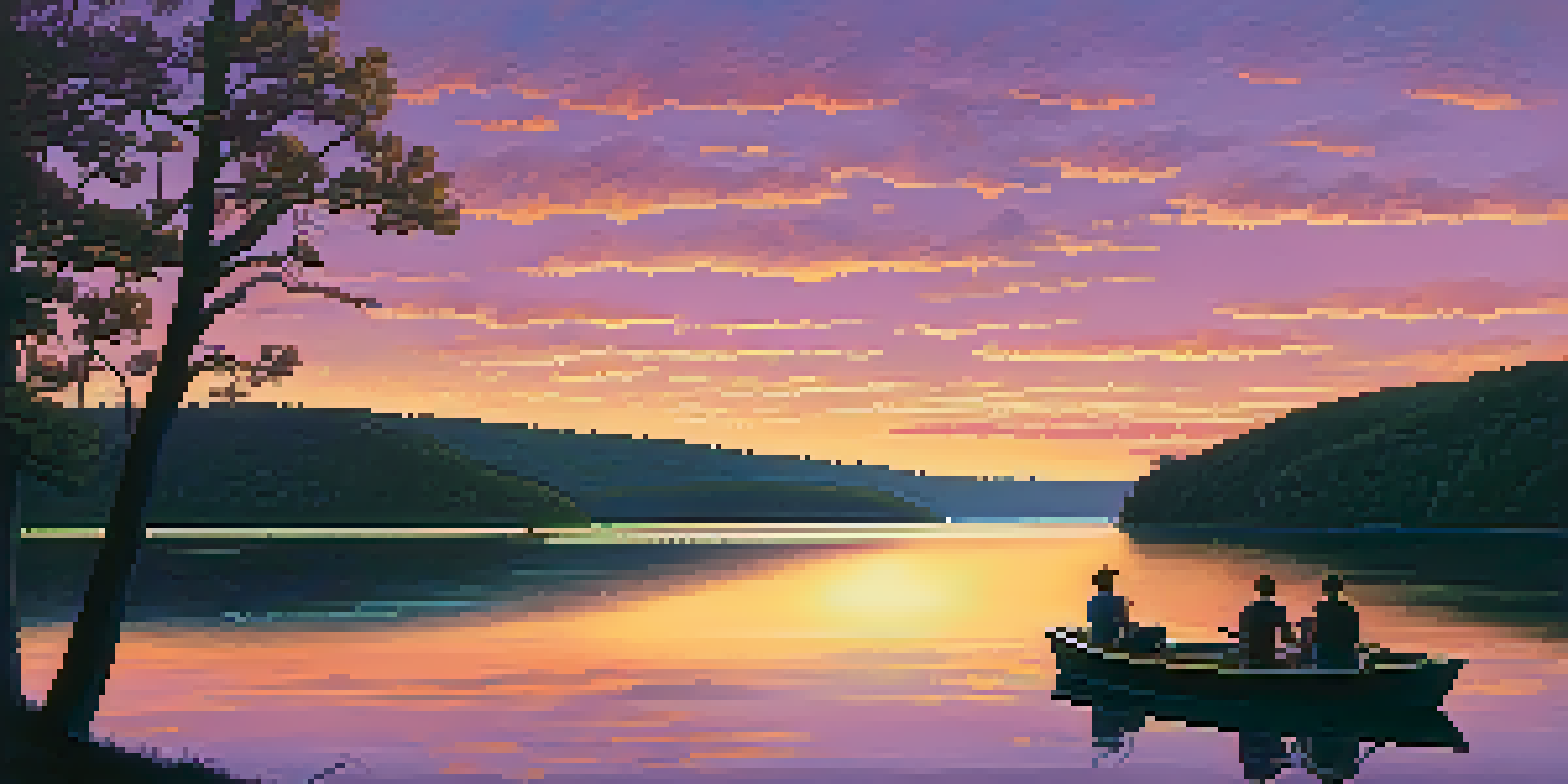 A sunset over Table Rock Lake with a family in a boat.