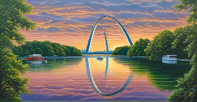 A sunset view of the Gateway Arch with the Mississippi River in the foreground, surrounded by greenery.